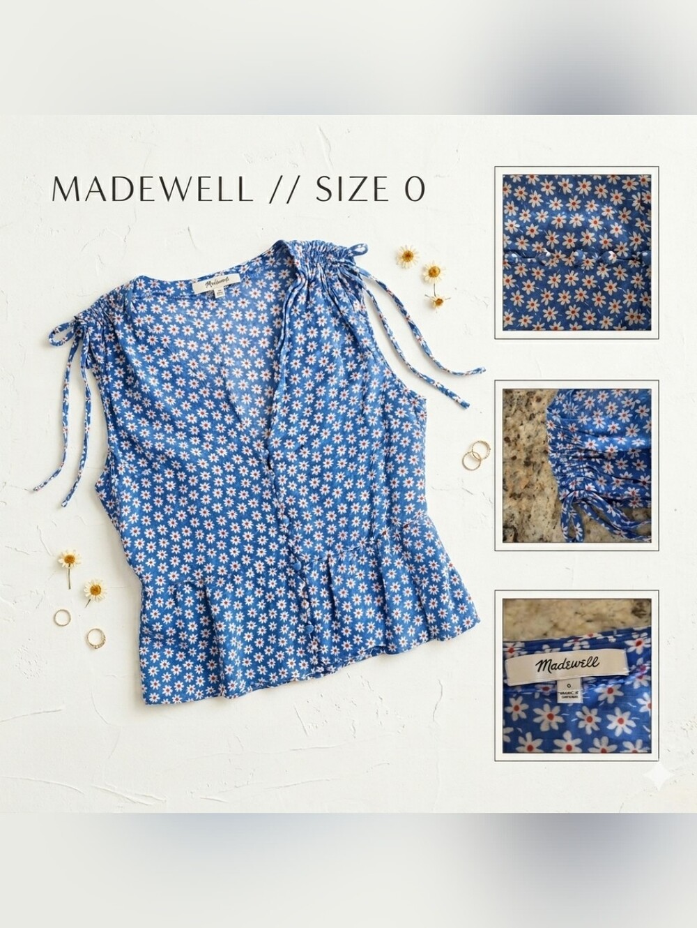 Madewell Blue Daisy Floral Sleeveless Peplum Button Top Size S
